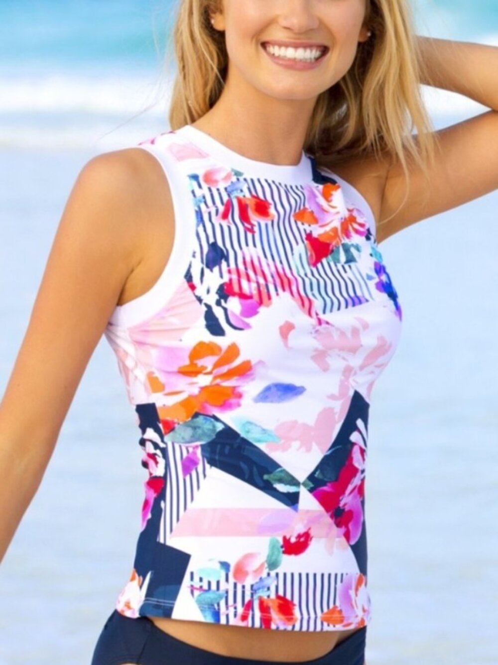 HAPARI Tankini Swim Top Womens Medium NautaBloom Floral Stripe UPF 50+